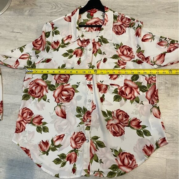 Guess XL Floral Rose Print 3/4 Sleeve Collared Blouse - Picture 13 of 16